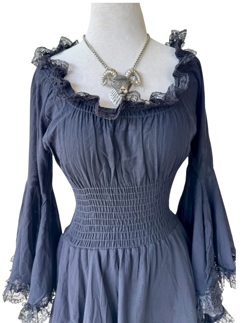 Pyramid Collection Black Asymmetrical Dress Sz S Bell Sleeve Goth Witch Vamp - Picture 3 of 8